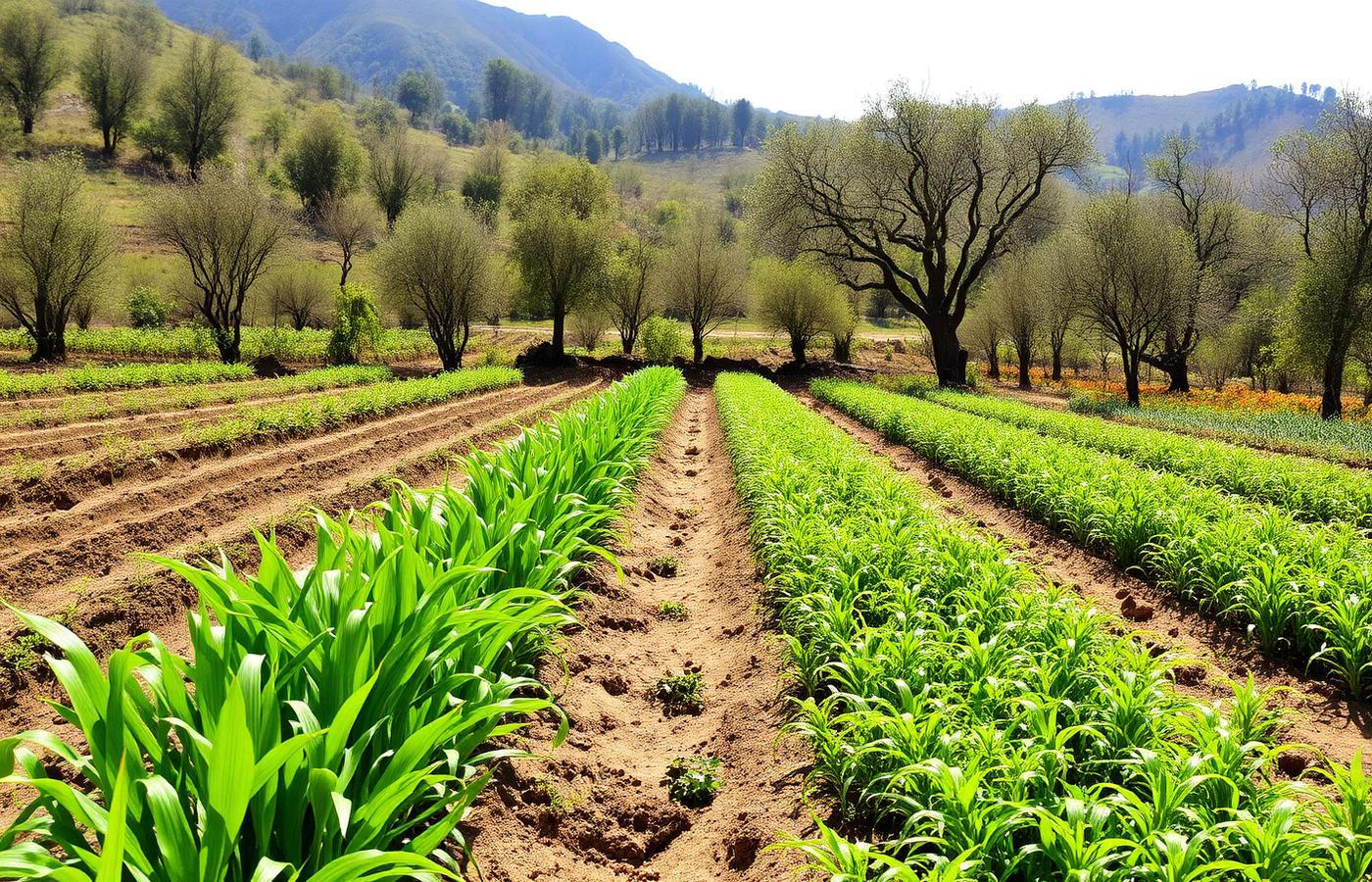 Rows of crops and fruit trees on the property