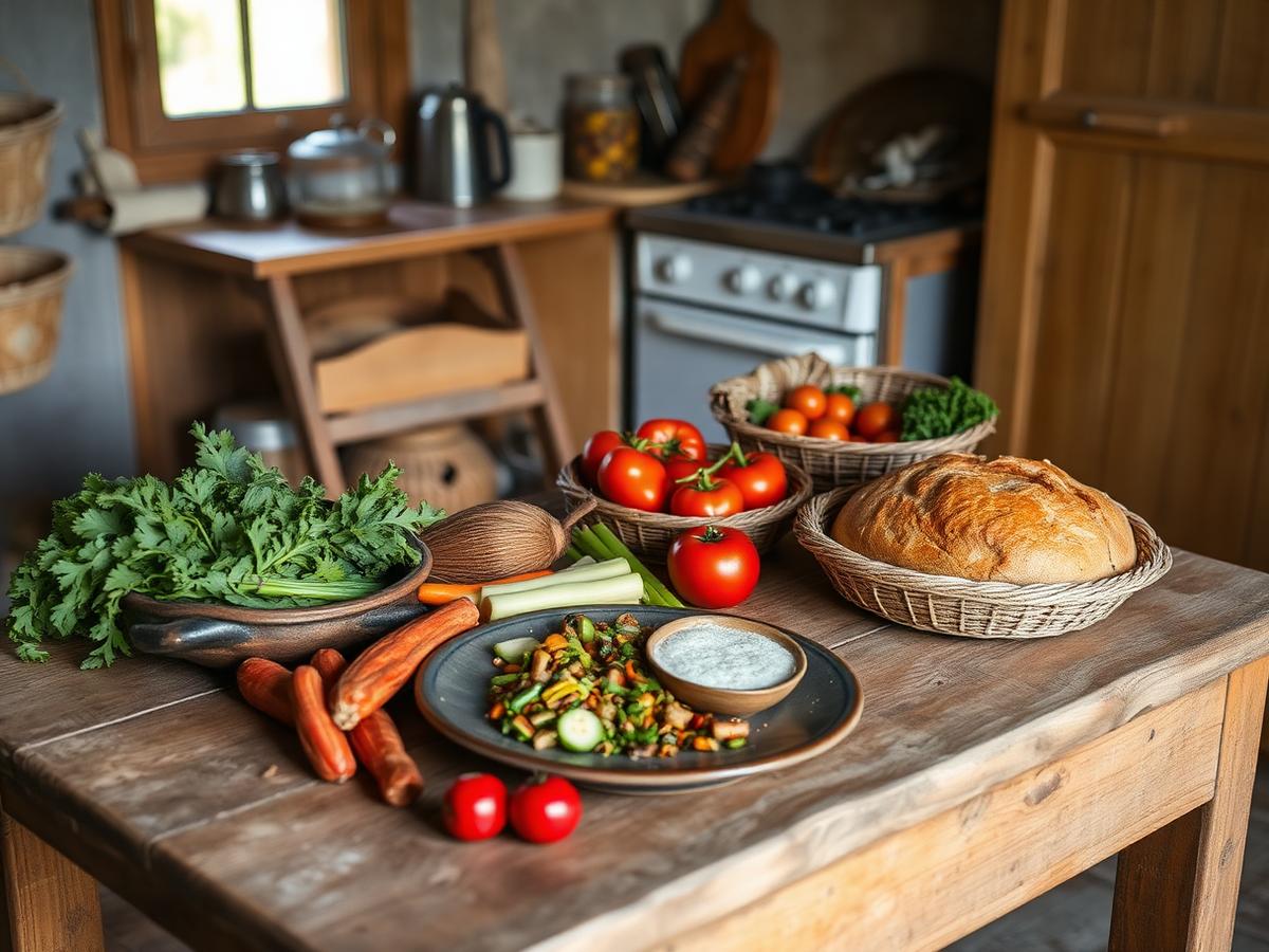 Freshly harvested vegetables and a home cooked meal on a wooden table